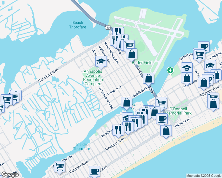 map of restaurants, bars, coffee shops, grocery stores, and more near 405 North Annapolis Avenue in Atlantic City