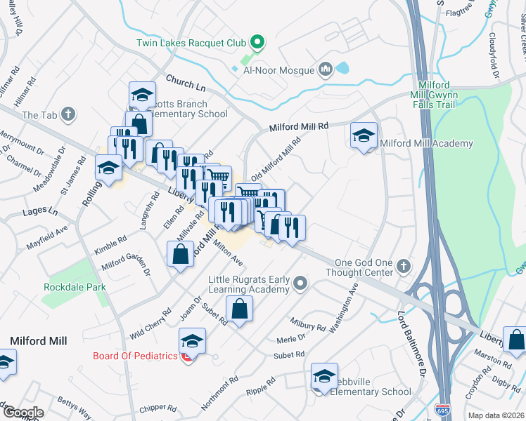 map of restaurants, bars, coffee shops, grocery stores, and more near 3606 Florida Road in Milford Mill