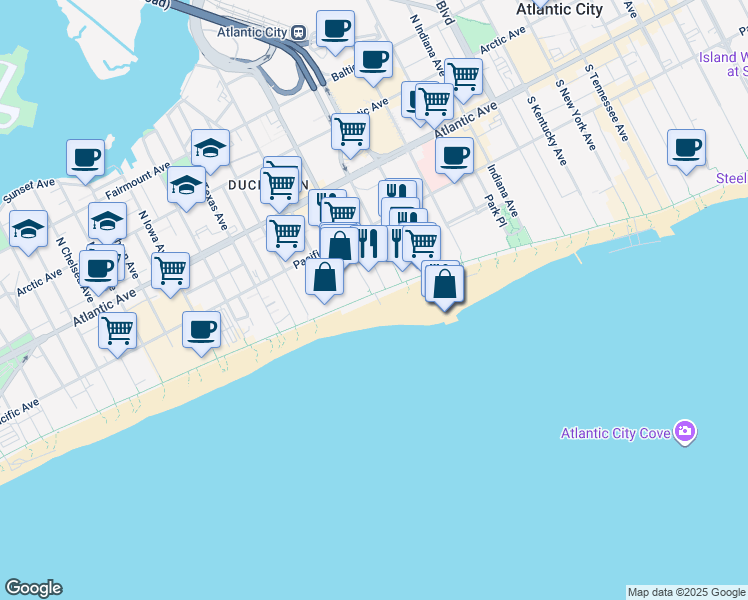 map of restaurants, bars, coffee shops, grocery stores, and more near 2498 Boardwalk in Atlantic City