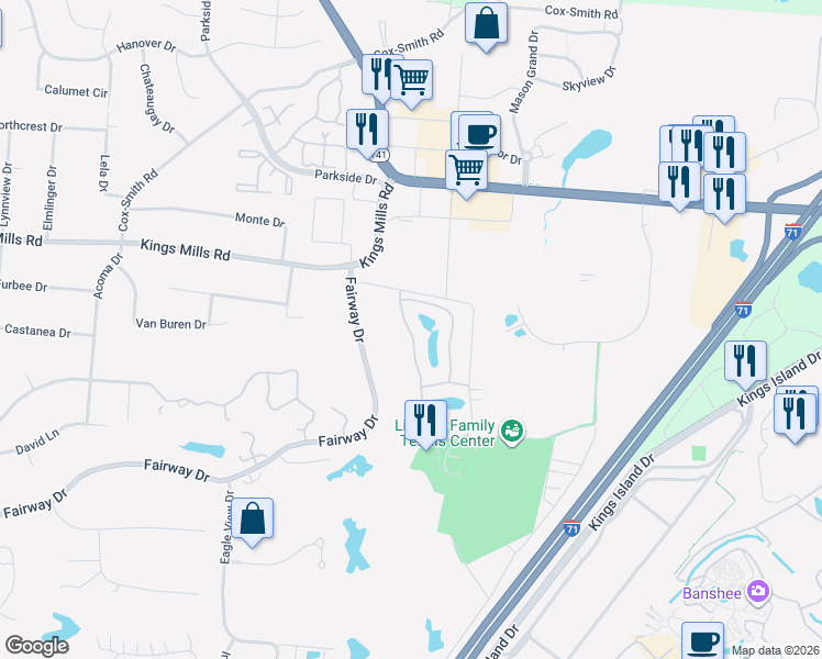map of restaurants, bars, coffee shops, grocery stores, and more near 5809 Falling Brook Drive in Mason