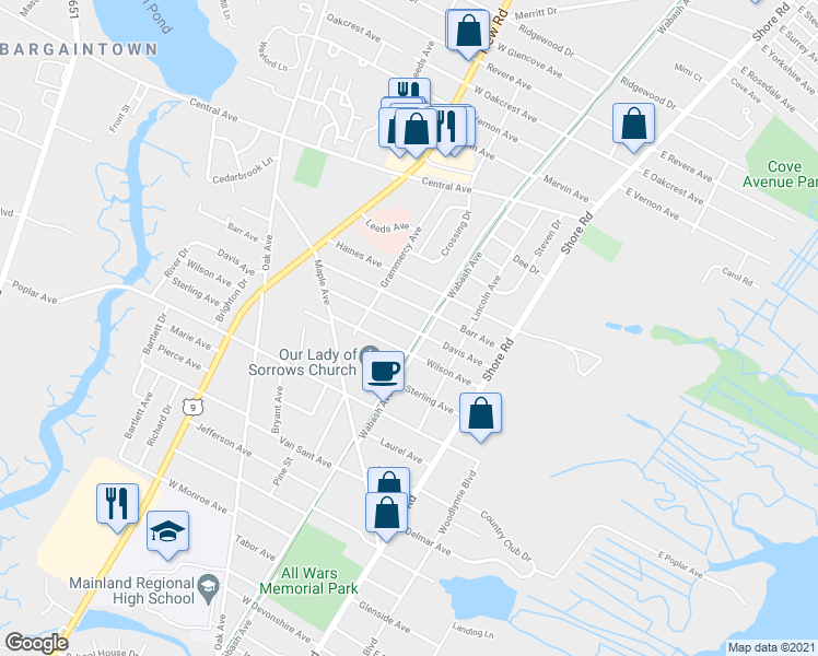 map of restaurants, bars, coffee shops, grocery stores, and more near 205 Davis Avenue in Linwood
