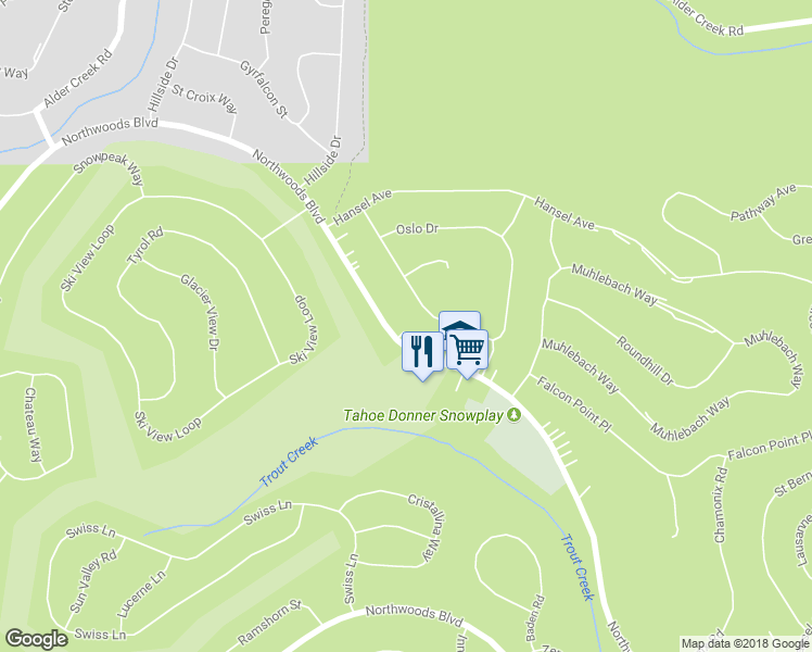 map of restaurants, bars, coffee shops, grocery stores, and more near 12941 Northwoods Boulevard in Truckee