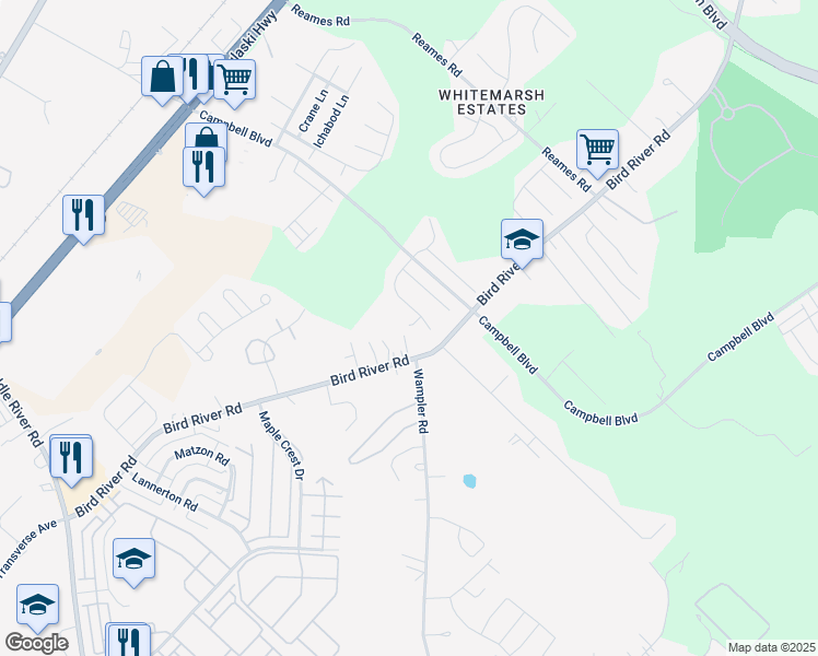 map of restaurants, bars, coffee shops, grocery stores, and more near 13 Macintosh Court in Middle River