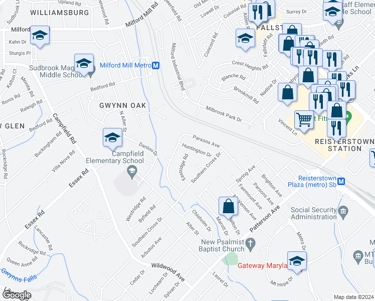 map of restaurants, bars, coffee shops, grocery stores, and more near 6808 Eastridge Road in Lochearn