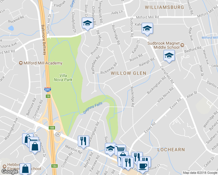 map of restaurants, bars, coffee shops, grocery stores, and more near 7315 Prince George Road in Pikesville