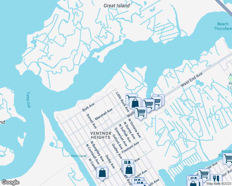 map of restaurants, bars, coffee shops, grocery stores, and more near 818 North Littlerock Avenue in Ventnor City