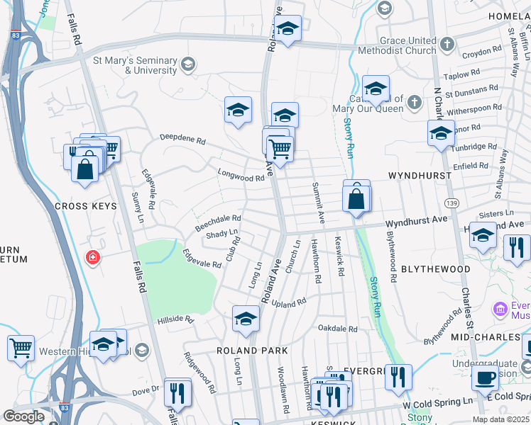 map of restaurants, bars, coffee shops, grocery stores, and more near 5 Valley Lane in Baltimore