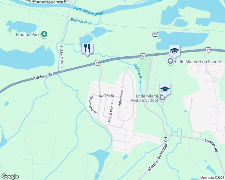 map of restaurants, bars, coffee shops, grocery stores, and more near 5209 Man O War Dr in Morrow