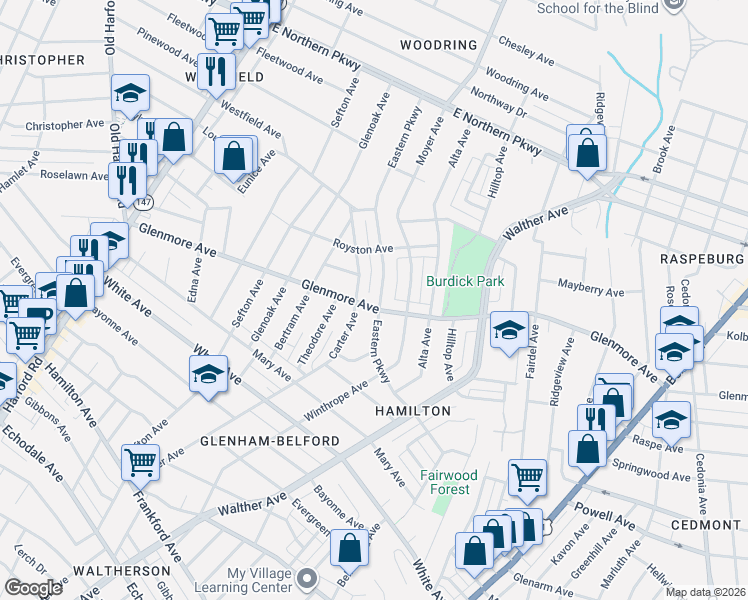 map of restaurants, bars, coffee shops, grocery stores, and more near 3508 Glenmore Avenue in Baltimore