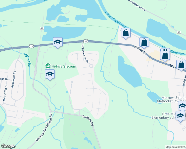 map of restaurants, bars, coffee shops, grocery stores, and more near 5302 Hopewell Valley Drive in Morrow
