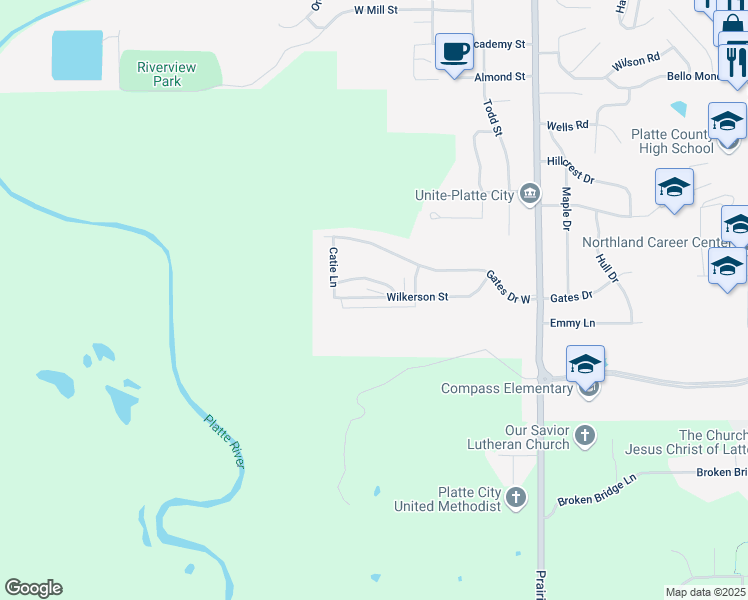 map of restaurants, bars, coffee shops, grocery stores, and more near 1879 Gates Avenue in Platte City