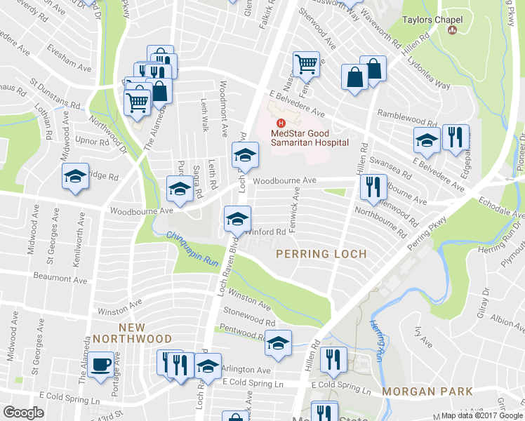 map of restaurants, bars, coffee shops, grocery stores, and more near 1512 Burnwood Road in Baltimore