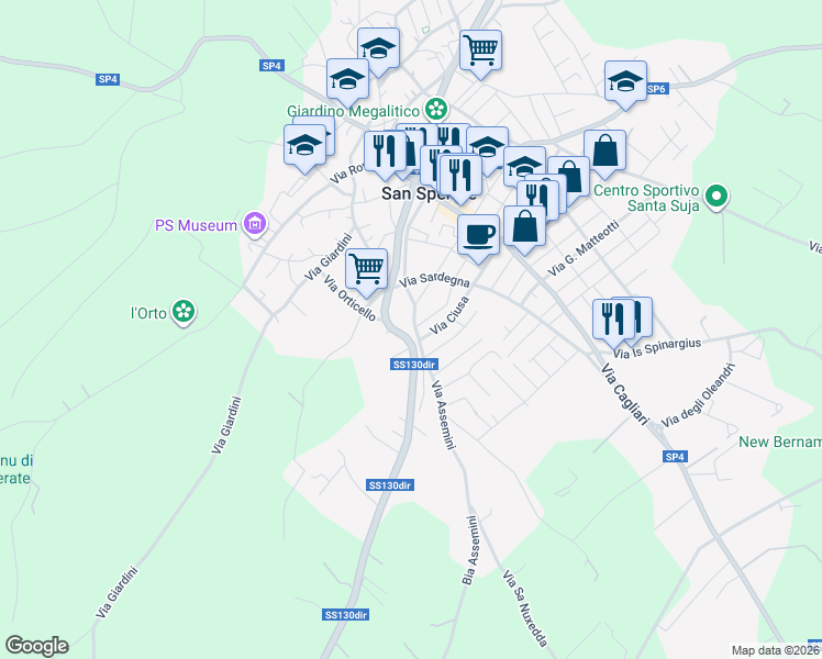 map of restaurants, bars, coffee shops, grocery stores, and more near 34 Via Assemini in San Sperate