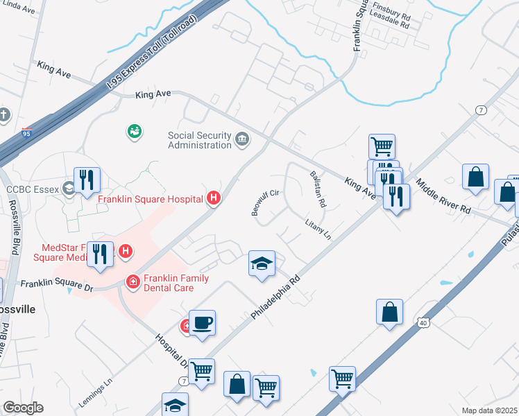 map of restaurants, bars, coffee shops, grocery stores, and more near 9317 Beowulf Circle in Rosedale