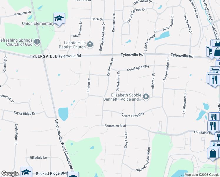 map of restaurants, bars, coffee shops, grocery stores, and more near 7952 Kennesaw Drive in Butler County