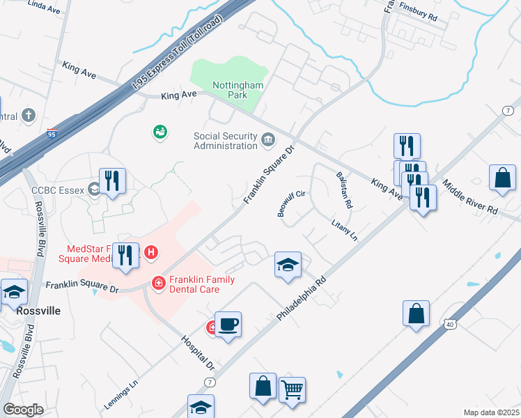 map of restaurants, bars, coffee shops, grocery stores, and more near 5 Paula Place in Rosedale