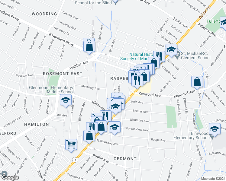 map of restaurants, bars, coffee shops, grocery stores, and more near 6504 Rosemont Avenue in Baltimore