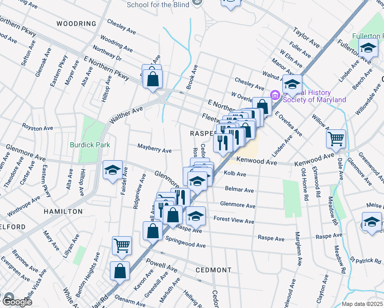 map of restaurants, bars, coffee shops, grocery stores, and more near 6504 Rosemont Avenue in Baltimore