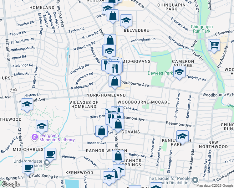 map of restaurants, bars, coffee shops, grocery stores, and more near 5301 York Road in Baltimore