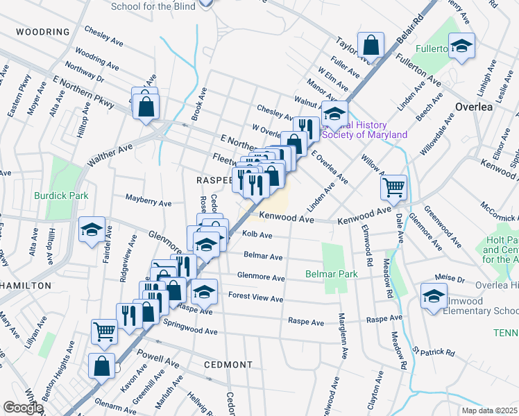 map of restaurants, bars, coffee shops, grocery stores, and more near 6605 Belair Road in Baltimore