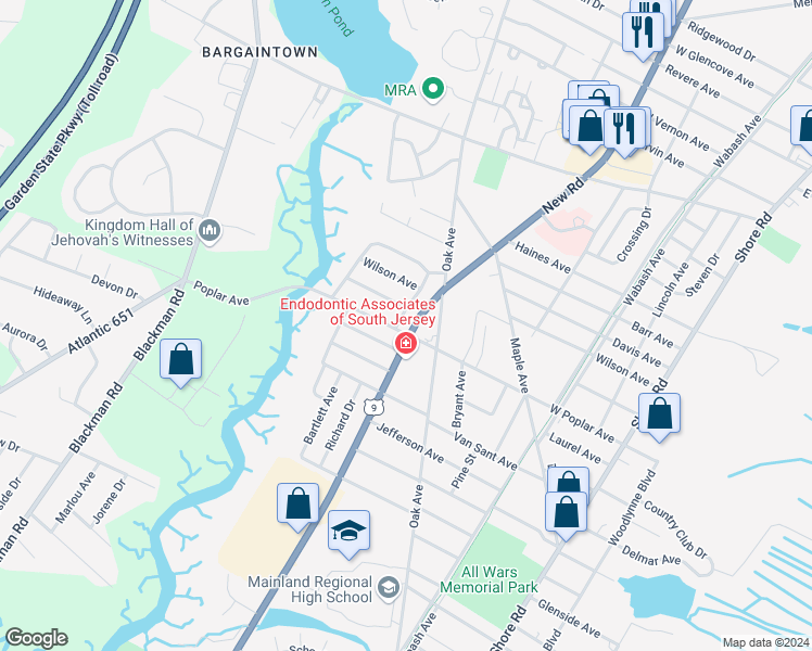 map of restaurants, bars, coffee shops, grocery stores, and more near 500 West Poplar Avenue in Linwood