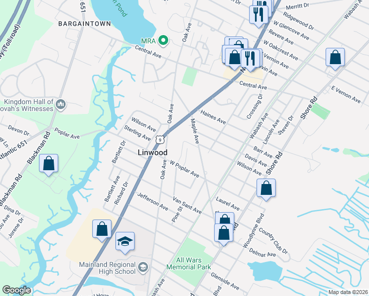 map of restaurants, bars, coffee shops, grocery stores, and more near 719 Cedar Place in Linwood