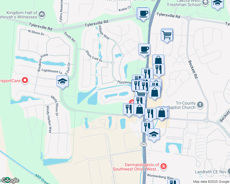map of restaurants, bars, coffee shops, grocery stores, and more near 4700 Lakes Edge in Butler County