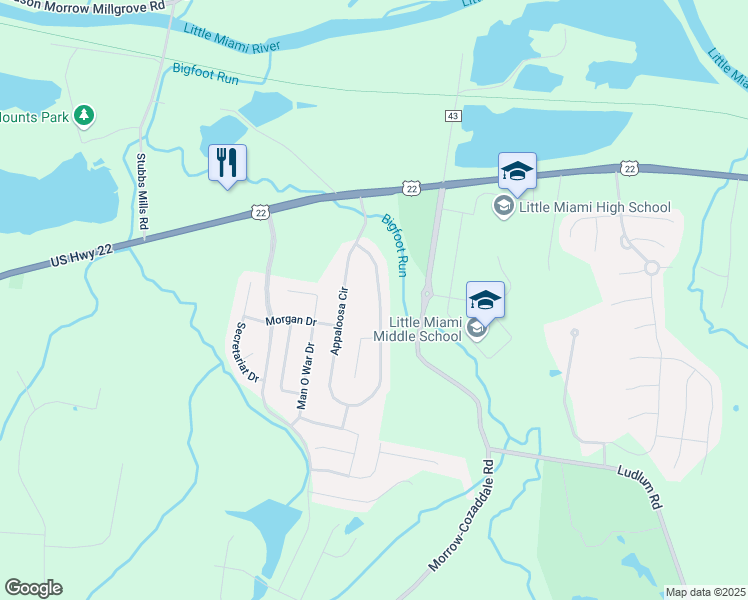 map of restaurants, bars, coffee shops, grocery stores, and more near 5620 Appaloosa Circle in Morrow