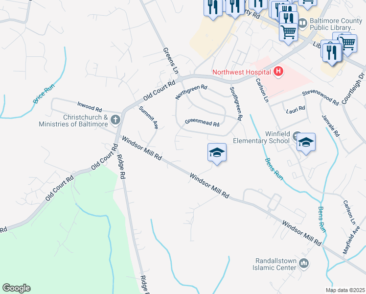 map of restaurants, bars, coffee shops, grocery stores, and more near 3202 Green Knoll Road in Milford Mill