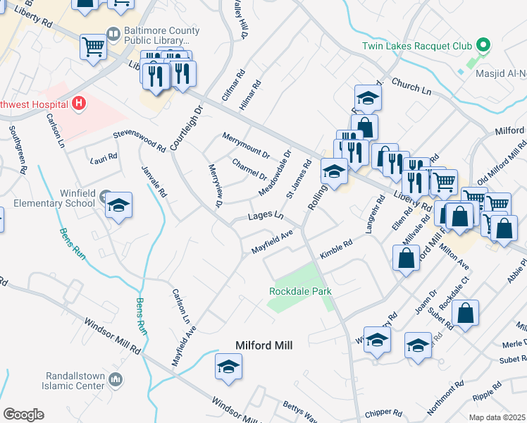 map of restaurants, bars, coffee shops, grocery stores, and more near 8314 Lages Lane in Milford Mill