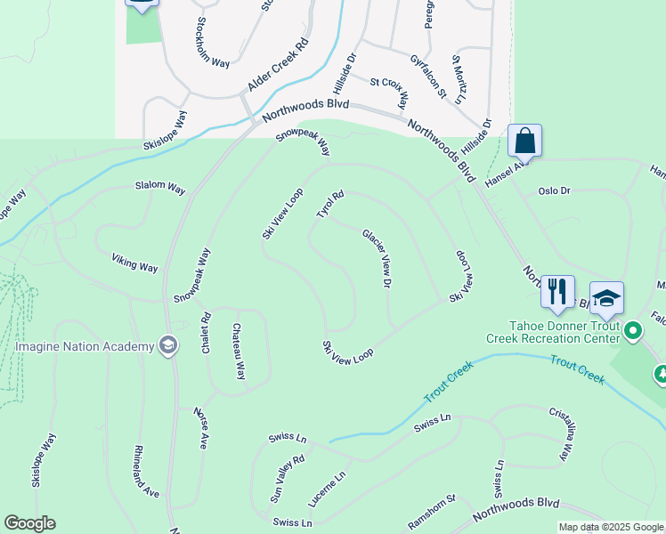 map of restaurants, bars, coffee shops, grocery stores, and more near 14602 Tyrol Road in Truckee