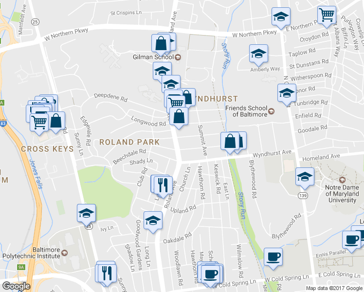 map of restaurants, bars, coffee shops, grocery stores, and more near 5017 Roland Avenue in Baltimore