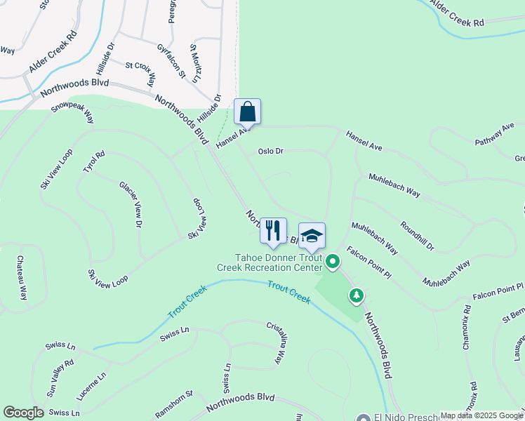 map of restaurants, bars, coffee shops, grocery stores, and more near 12941 Northwoods Boulevard in Truckee