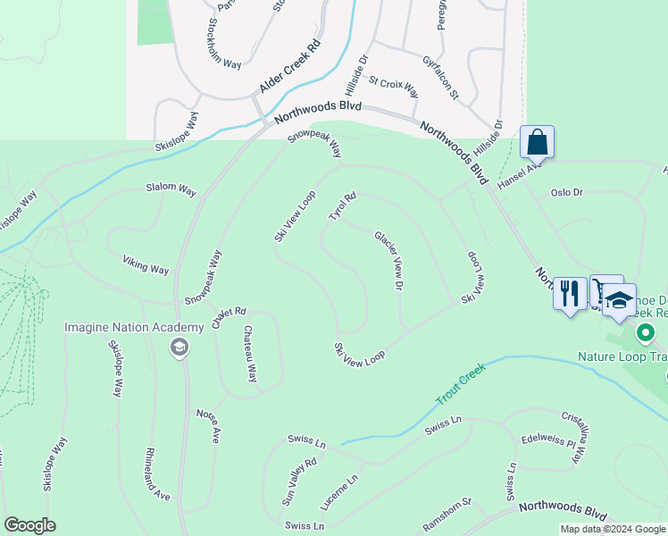 map of restaurants, bars, coffee shops, grocery stores, and more near 14602 Tyrol Road in Truckee