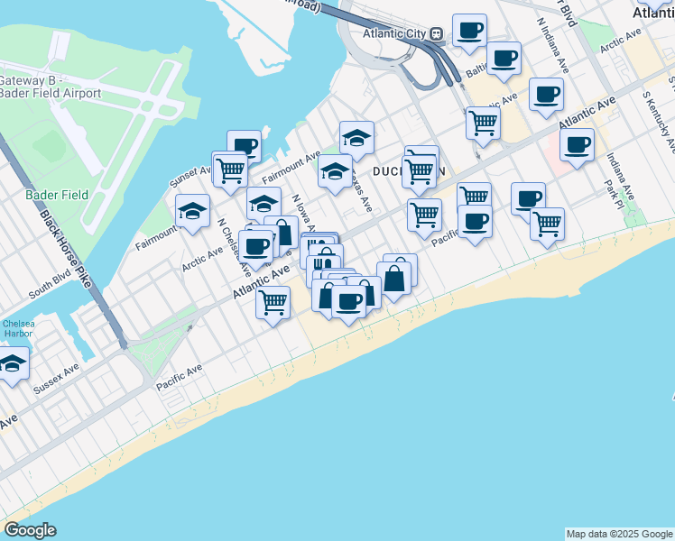 map of restaurants, bars, coffee shops, grocery stores, and more near 37 South Iowa Avenue in Atlantic City