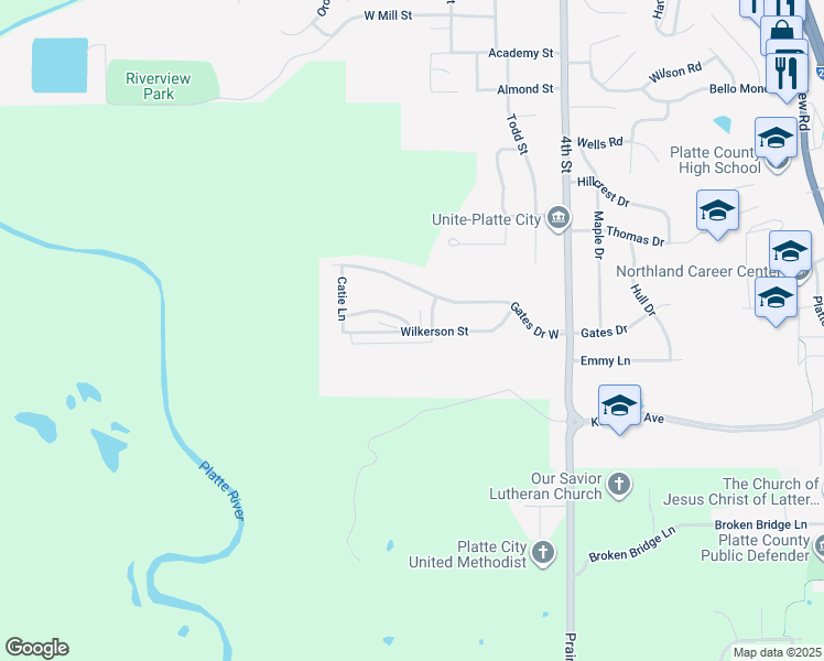 map of restaurants, bars, coffee shops, grocery stores, and more near 1859 Gates Avenue in Platte City