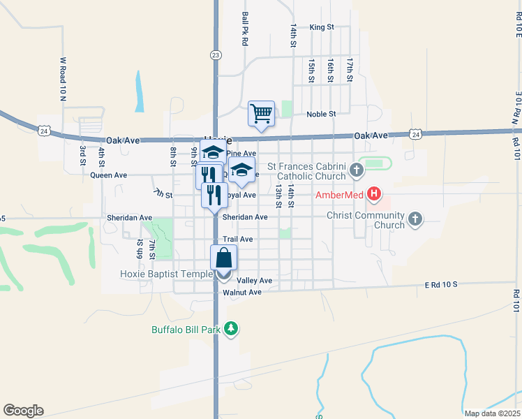 map of restaurants, bars, coffee shops, grocery stores, and more near 1201-1299 Sheridan Ave in Hoxie