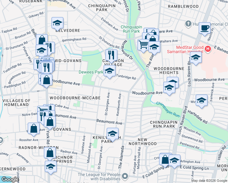 map of restaurants, bars, coffee shops, grocery stores, and more near 1007 Woodbourne Avenue in Baltimore