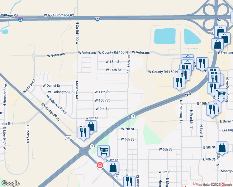map of restaurants, bars, coffee shops, grocery stores, and more near 723 West 11th Street in Greensburg