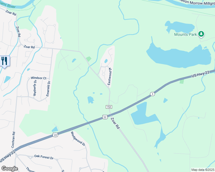 map of restaurants, bars, coffee shops, grocery stores, and more near 5608 Zoar Road in Morrow