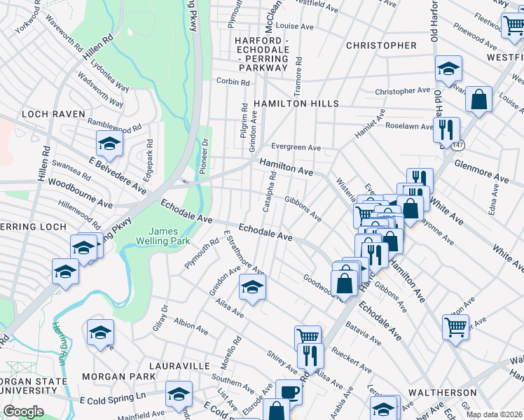 map of restaurants, bars, coffee shops, grocery stores, and more near 5312 Catalpha Road in Baltimore