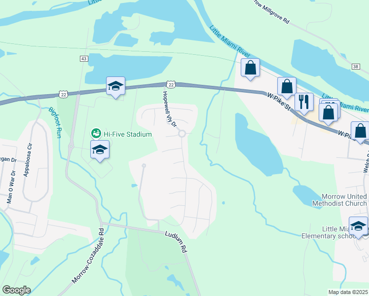 map of restaurants, bars, coffee shops, grocery stores, and more near 5302 Hopewell Valley Drive in Morrow