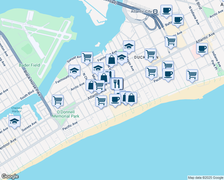 map of restaurants, bars, coffee shops, grocery stores, and more near 2834 Atlantic Avenue in Atlantic City