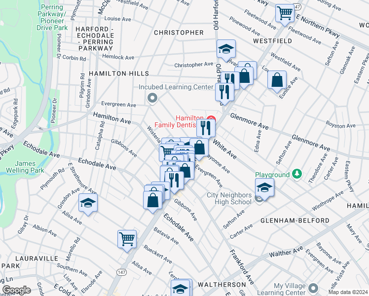 map of restaurants, bars, coffee shops, grocery stores, and more near 2818 Evergreen Avenue in Baltimore