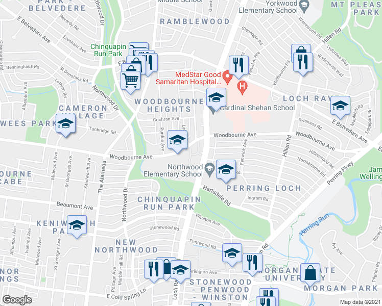 map of restaurants, bars, coffee shops, grocery stores, and more near 5601 Loch Raven Boulevard in Baltimore