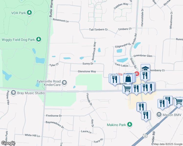 map of restaurants, bars, coffee shops, grocery stores, and more near 6523 Glenstone Way in Mason