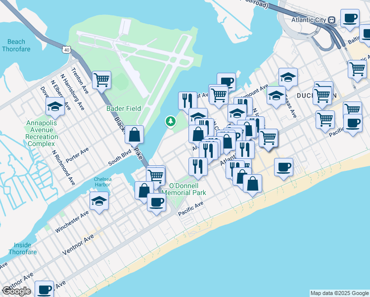 map of restaurants, bars, coffee shops, grocery stores, and more near 32 North Boston Avenue in Atlantic City