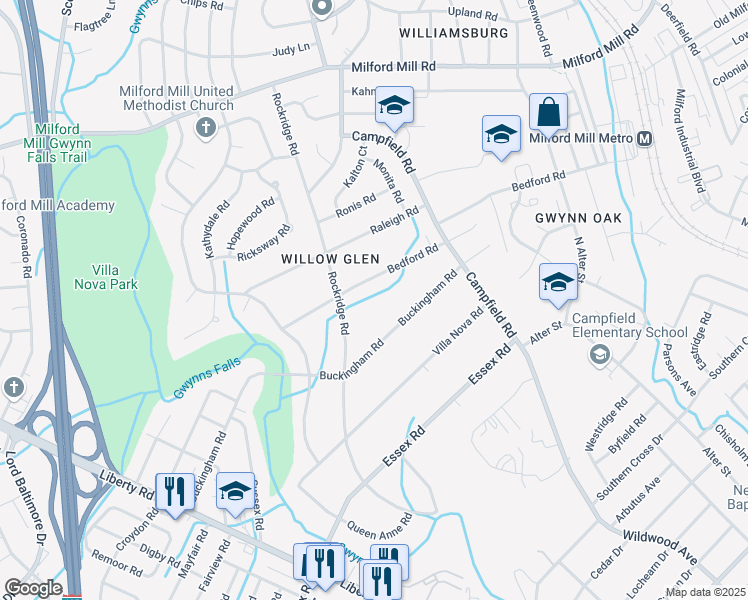 map of restaurants, bars, coffee shops, grocery stores, and more near 4107 Bedford Road in Pikesville
