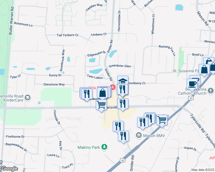 map of restaurants, bars, coffee shops, grocery stores, and more near 6277 Lake Springs in Mason