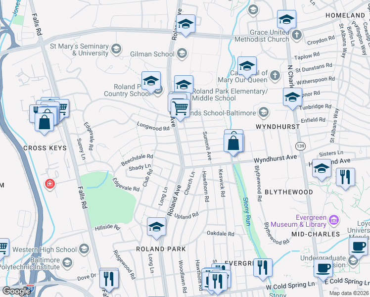 map of restaurants, bars, coffee shops, grocery stores, and more near 5019 Roland Avenue in Baltimore